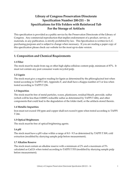 200-211 – 16 Specifications for File Folders with Reinforced Tab for the Storage of Artifacts