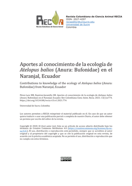 Aportes Al Conocimiento De La Ecología De Atelopus Balios (Anura