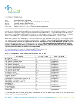 Water Quality Testing Program Results for Week of June 22