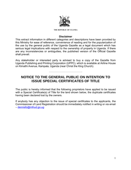 Notice to the General Public on Intention to Issue Special Certificates of Title