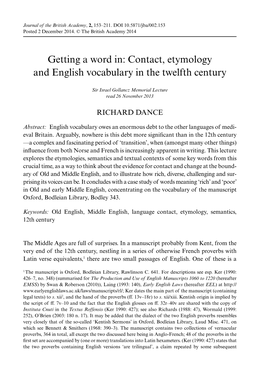 Contact, Etymology and English Vocabulary in the Twelfth Century