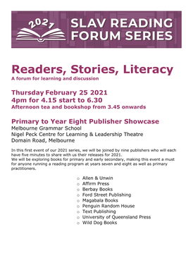 Readers, Stories, Literacy a Forum for Learning and Discussion