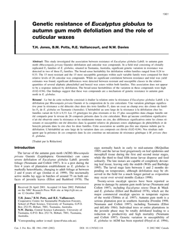 Genetic Resistance of Eucalyptus Globulus to Autumn Gum Moth Defoliation and the Role of Cuticular Waxes