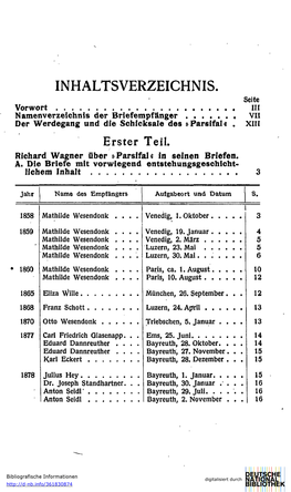 INHALTSVERZEICHNIS. Seite Vorwort III Namenverzeichnis Der Briefempfänger VII Der Werdegang Und Die Schicksale Des »Parsifal«