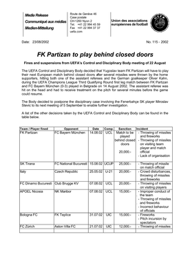 FK Partizan to Play Behind Closed Doors