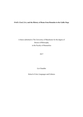 Ovid's Fasti, Livy and the History of Rome from Romulus to the Gallic