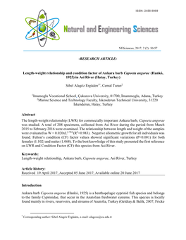 Length-Weight Relationship and Condition Factor of Ankara Barb Capoeta Angorae (Hankó, 1925) in Asi River (Hatay, Turkey)