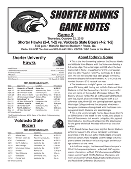 SHORTER HAWKS GAME NOTES Game 8 Thursday, October 22, 2015 Shorter Hawks (2-4, 1-2) Vs
