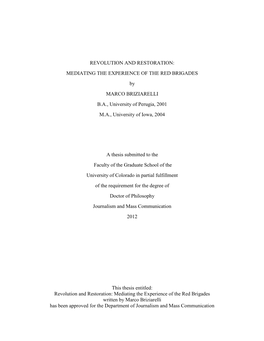 MEDIATING the EXPERIENCE of the RED BRIGADES by MARCO BRIZIARELLI B.A., University of Perugia, 2001