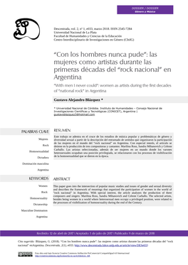 Rock Nacional” En Argentina "With Men I Never Could": Women As Artists During the First Decades of "National Rock" in Argentina