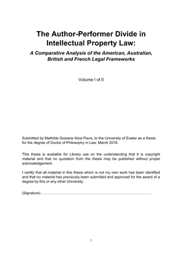 The Author-Performer Divide in Intellectual Property Law: a Comparative Analysis of the American, Australian, British and French Legal Frameworks