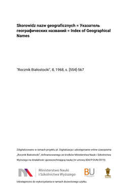 Skorowidz Nazw Geograficznych = Указатель Географических Названий = Index of Geographical Names