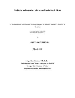 Studies in Leaf Domatia - Mite Mutualism in South Africa
