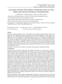 Assessment of Surface Water Quality in Hyderabad Lakes by Using Multivariate Statistical Techniques, Hyderabad-India