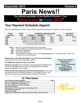 Paris News!! the Official Newsletter of the Hartford Chorale’S Tour “Americans in Paris 2014”