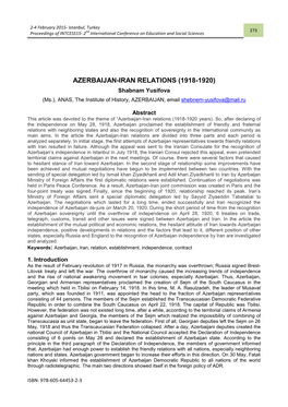 AZERBAIJAN-IRAN RELATIONS (1918-1920) Shabnam Yusifova (Ms.), ANAS, the Institute of History, AZERBAIJAN, Email Shebnem-Yusifova@Mail.Ru