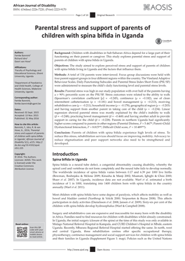 Parental Stress and Support of Parents of Children with Spina Bifida in Uganda