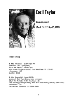 Cecil Taylor American Pianist