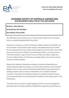 Economic Society of Australia Awards 2020 Distinguished Public Policy Fellow Award