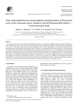 Time Relationship Between Metamorphism and Deformation in Proterozoic Rocks of the Lunavada Region, Southern Aravalli Mountain Belt (India) Ð a Microstructural Study