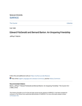 Edward Fitzgerald and Bernard Barton: an Unsparing Friendship