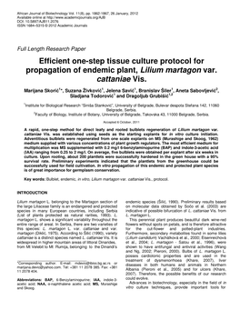 Efficient One-Step Tissue Culture Protocol for Propagation of Endemic Plant, Lilium Martagon Var