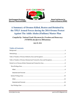 A Summary of Oromos Killed, Beaten and Detained by the TPLF Armed Forces During the 2014 Oromo Protest Against the Addis Ababa (Finfinne) Master Plan