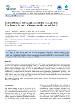 Chitons (Mollusca: Polyplacophora) Rafted on Tsunami Debris from Japan to the Shores of Washington, Oregon, and Hawai‘I