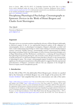 Disciplining Physiological Psychology: Cinematographs As Epistemic Devices in the Work of Henri Bergson and Charles Scott Sherrington