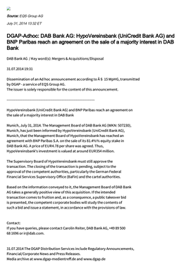 DGAP-Adhoc: DAB Bank AG: Hypovereinsbank (Unicredit Bank AG) and BNP Paribas Reach an Agreement on the Sale of a Majority Interest in DAB Bank