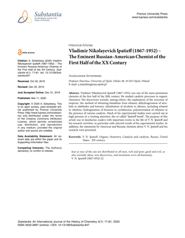 Vladimir Nikolayevich Ipatieff (1867-1952) – the Eminent Russian-American Chemist of the Citation: A