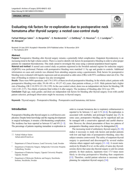 Evaluating Risk Factors for Re-Exploration Due to Postoperative Neck Hematoma After Thyroid Surgery: a Nested Case-Control Study