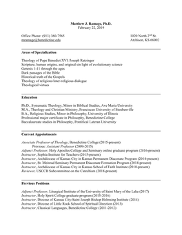 Matthew J. Ramage, Ph.D. February 22, 2019 Office Phone: (913) 360-7565 1020 North 2Nd St. Mramage@Benedictine.Edu Atchison, KS