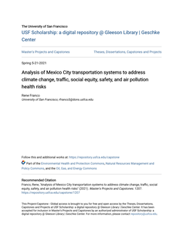 Analysis of Mexico City Transportation Systems to Address Climate Change, Traffic, Social Equity, Safety, and Air Pollution Health Risks