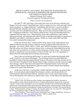 ANALYZING SELF-IDENTITY in MAINSTREAM HIP-HOP MUSIC and FILM to EMPOWER the HIP-HOP GENERATION for CHRISTIAN DISCIPLESHIP1 Brandon Winstead, Ph.D