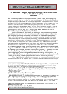 My Pen Shall Add a Testimony to Men Noble and Daring’; Poetry, Heroism and the Wreck of the SS Admella (1859) Nicole Anae
