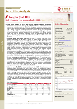 Longfor (960 HK) Rmb15bn Recurrent Income Plan by 2020