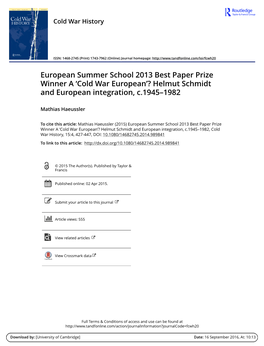 'Cold War European'? Helmut Schmidt and European Integration, C.1945