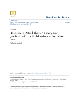 A Natural Law Justification for the Bush Doctrine of Preventive War William C