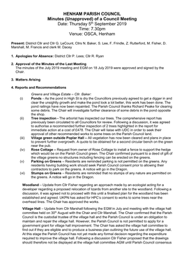 Of a Council Meeting Date: Thursday 5Th September 2019 Time: 7.30Pm Venue: OSCA, Henham