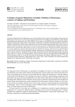 Catalogue of Aquatic Oligochaeta (Annelida: Clitellata) of Montenegro, Exclusive of Naidinae and Pristininae