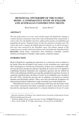 Beneficial Ownership of the Family Home: a Comparative Study of English and Australian Constructive Trusts