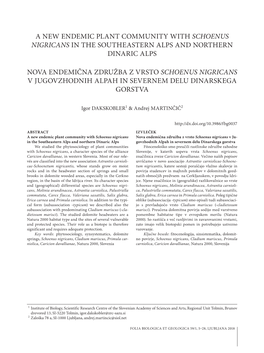 A New Endemic Plant Community with Schoenus Nigricans in the Southeastern Alps and Northern Dinaric Alps Nova Endemična Združb