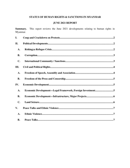 STATUS of HUMAN RIGHTS & SANCTIONS in MYANMAR JUNE 2021 REPORT Summary. This Report Reviews The