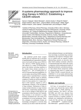 A Systems Pharmacology Approach to Improve Drug Therapy in NSCLC: Establishing a CESAR Network Extended Abstract Ganna V