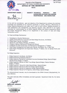 Sep 0 3 201~ Department Order ) Subject: Technical Manuals and ) Guidelines on Road and Bridge Maintenance and Inspection No