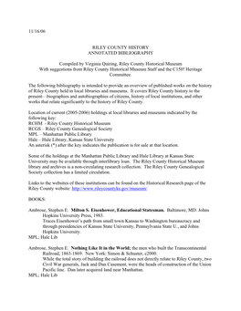 11/16/06 Riley County History Annotated Bibliography