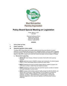 Policy Board Special Meeting on Legislation Friday, March 3, 2017 9:00 AM