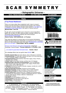 SCAR SYMMETRY - Holographic Universe - Gerne: Melodic Death Metal CD 27361 2095-2 YX VÖ: 20.06.2008
