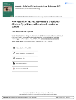 New Records of Psarus Abdominalis (Fabricius) (Diptera: Syrphidae), a Threatened Species in Europe